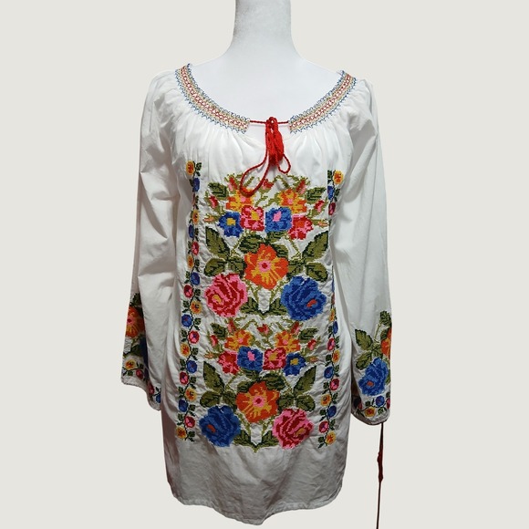 Royal Moda Tops - Royal Moda Womens White Floral Cross Stitch Embroidered Cotton Peasant Blouse L